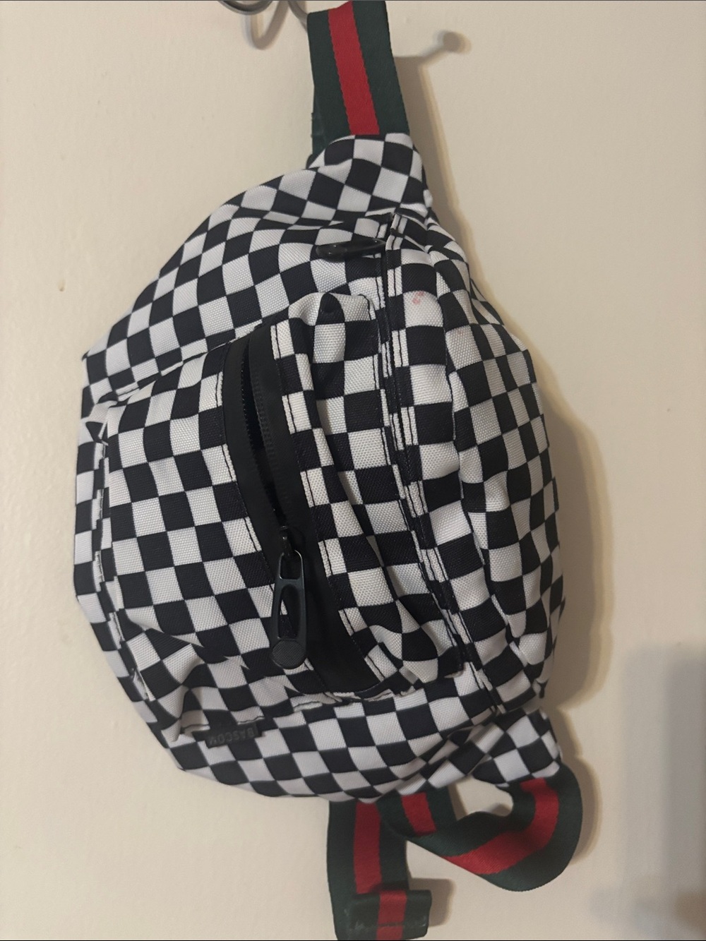 Black & White Checkered Sling Belt Bag with Red-Green Strap